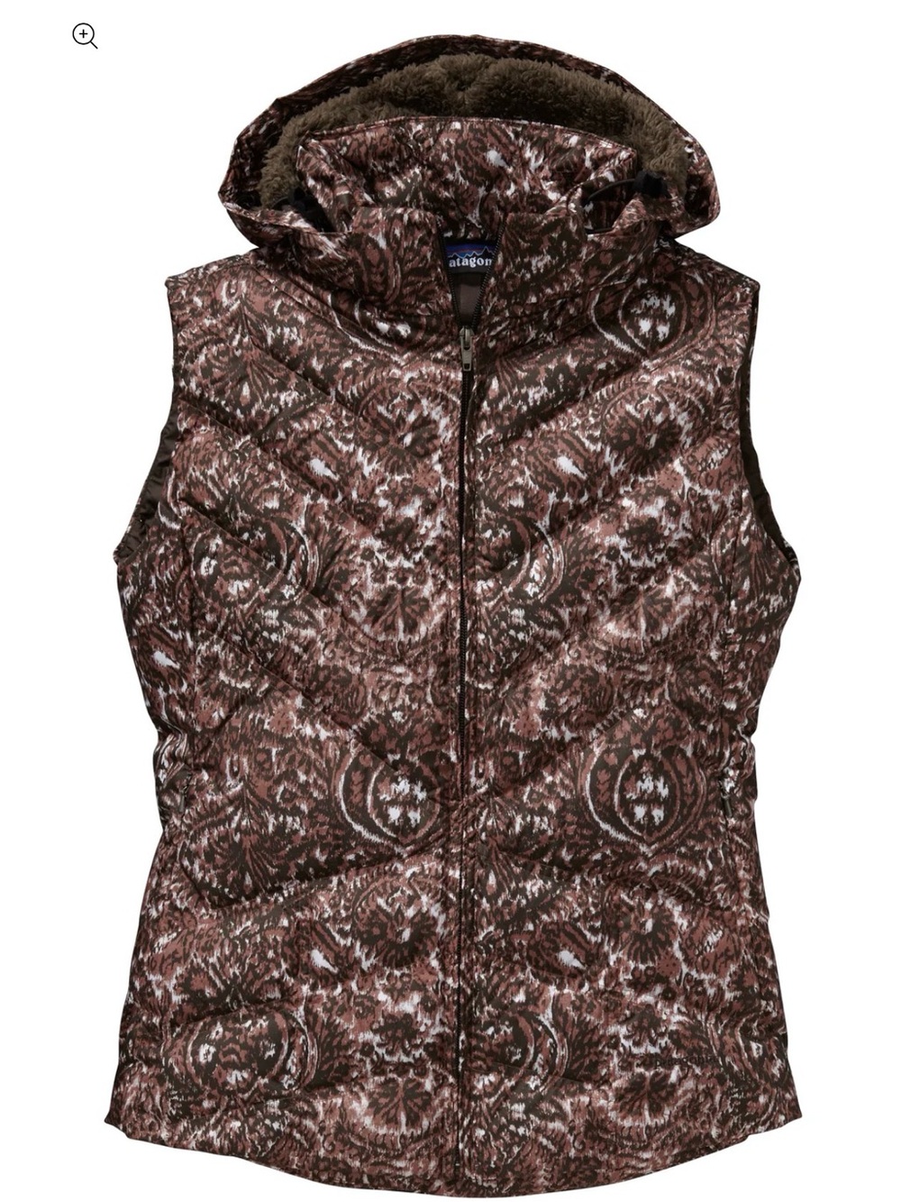PATAGONIA Women's Large Down With It Vest Walnut Brown Hooded Puffer Full Zip